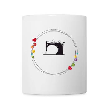 nostalgisch stilisierte Nähmaschine mit Knöpfe - Tasse - Weiß - Vorne