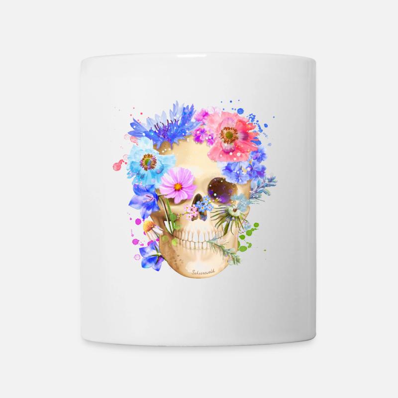 Farbenfroher Schädel mit Blumen Mohn - Tasse - Weiß