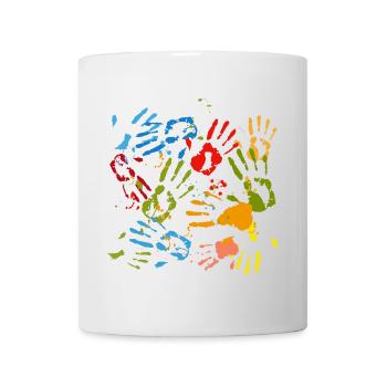 kunterbunte Handabdrücke von Kindern mit Kleckse - Tasse - Weiß - Vorne