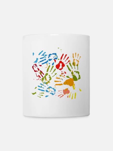 kunterbunte Handabdrücke von Kindern mit Kleckse - Tasse - Weiß