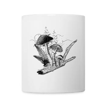 Schwarz Weiß Zeichnung Waldpilze,Gräser und Ast - Tasse - Weiß - Vorne