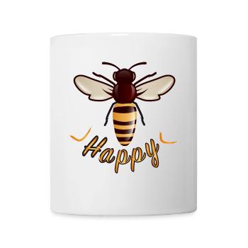 gelber Happy Schriftzug mit stilisierte Biene - Tasse - Weiß - Vorne