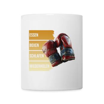 Essen - Boxen - Schlafen - Wiederholen - Tasse - Weiß - Vorne