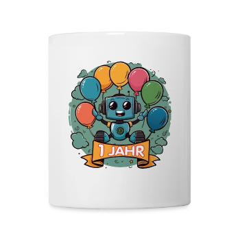 1 Jahr Geburtstag Kleiner Roboter mit Luftballons - Tasse - Weiß - Vorne