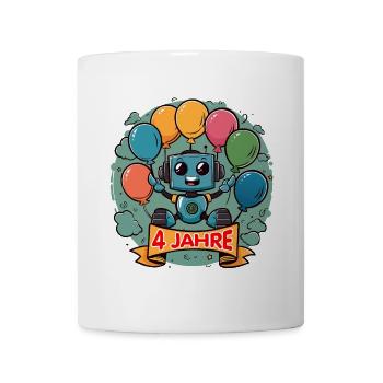 4 Jahre Geburtstag Kleiner Roboter mit Luftballons - Tasse - Weiß - Vorne