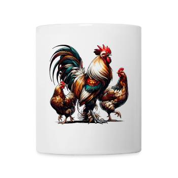 prächtiger bunter Hahn mit zwei Hennen auf dem Hof - Tasse - Weiß - Vorne