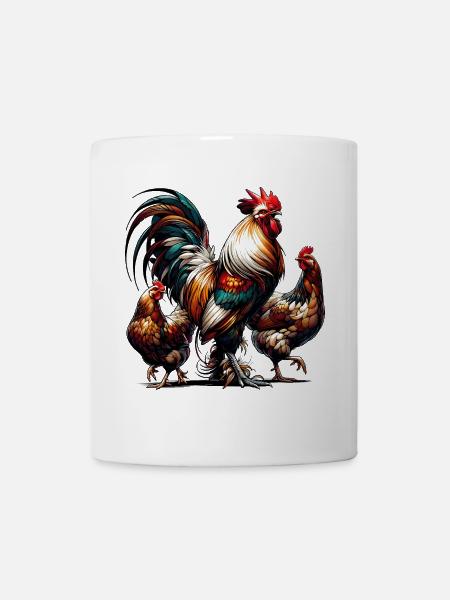 prächtiger bunter Hahn mit zwei Hennen auf dem Hof - Tasse - Weiß