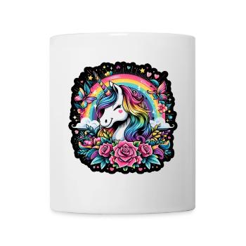 Regenbogen-Einhorn zwischen Rosen und Schmetterlingen - Tasse - Weiß - Vorne