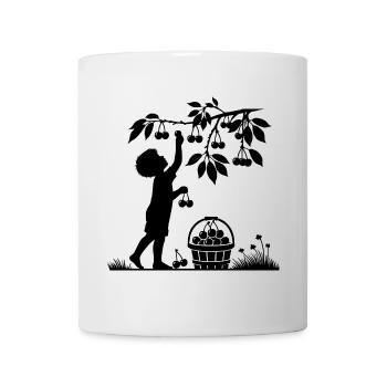 charming garden silhouette boy picking cherries - Mug - white - Front