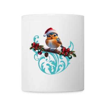 Cute Christmas bird sitting on a covered branch - Mug - white - Front