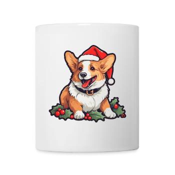 Christmas Happy Corgi in Nikolausmütze mit Stechpalme - Tasse - Weiß - Vorne