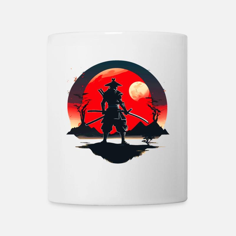 Samurai Silhouette with Red Moon Background - Mug - white
