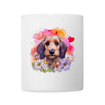 Bunter Rauhaardackel / Dackel mit Blumenkranz - Tasse - Weiß - Vorne