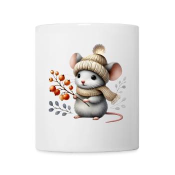 süße Maus mit einer Strickmütze,Schal und Beeren - Tasse - Weiß - Vorne
