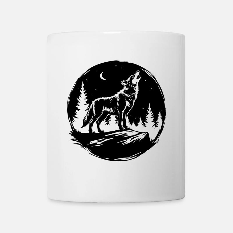 Pochoir noir et blanc : Loup hurlant sur un rocher - Mug blanc - blanc
