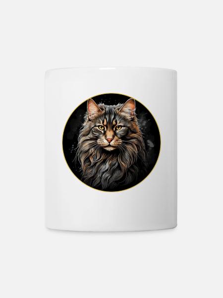 Maine Coon Katzenportrait in Aquarelltechnik - Tasse - Weiß