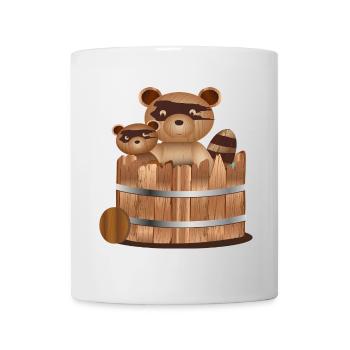 Illustration in wood look – raccoons in the tub - Mug - white - Front