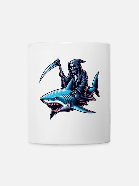 Skelett Reaper reitet auf einem Hai - Tasse - Weiß