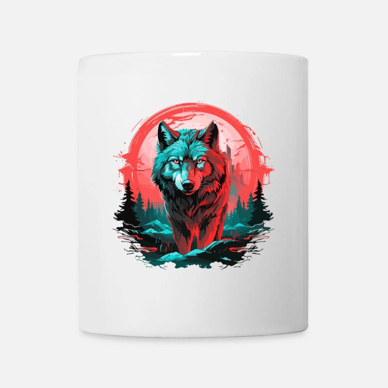 Loup, Nuit, Lune, Néon, Tête de loup, Forêt, Nature, Montagnes - Mug blanc - blanc