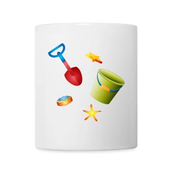 Pelle colorée et seau avec des moules sur la plage - Mug blanc - blanc - Devant