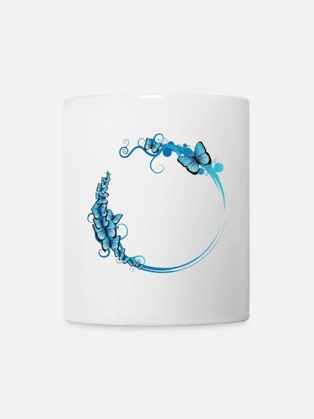 blauer Schmetterlings Rahmen für eigene Texte - Tasse - Weiß