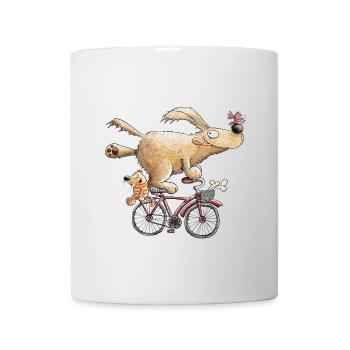 Chien drôle sur cycliste de dessin animé de vélo - Mug blanc - blanc - Devant