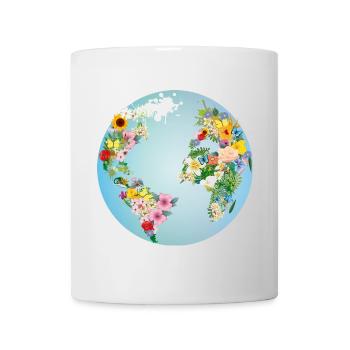hellblaue Weltkugel mit Kontinente aus Blumen - Tasse - Weiß - Vorne