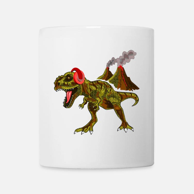 Dinosaurier mit Kopfhörern vor Vulkan - Tasse - Weiß
