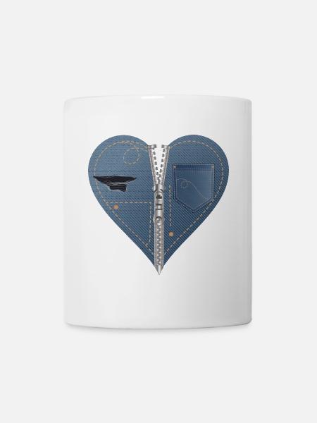 hellblaues Herz im Jeans Look mit Reißverschluss - Tasse - Weiß