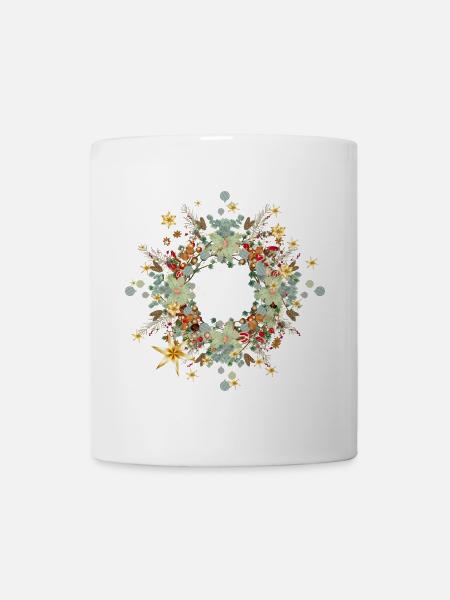 weihnachtlicher Rahmen aus Grünzeug und Süßem - Tasse - Weiß