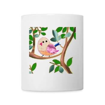 Vogel auf einem Ast Imitation genähter Stoff - Tasse - Weiß - Vorne