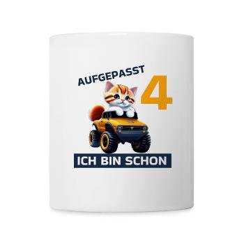 4. Geburtstag Katze auf Monstertruck 4 Jahre alt - Tasse - Weiß - Vorne