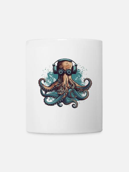 Cooler Nerdy Oktopus mit Brille und Kopfhörern - Tasse - Weiß
