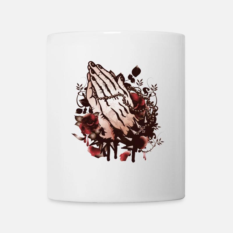 deux mains priant avec le chapelet et les roses - Mug blanc - blanc