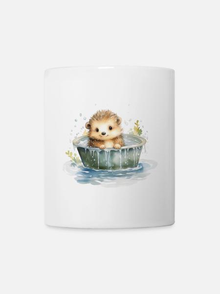 Bébé hérisson prend un bain, peint à la main - aquarelles - Mug blanc - blanc