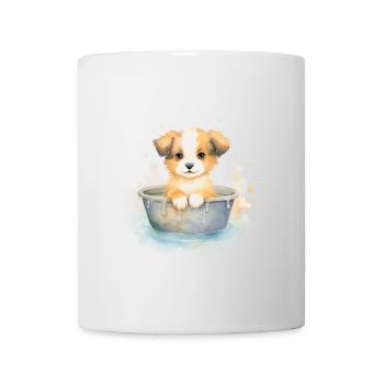 Baby Hund nimmt ein Bad, handgemalt - Wasserfarben - Tasse - Weiß - Vorne