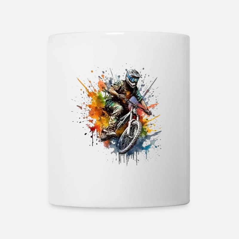 Actionreicher Mountainbiker mit Farbspray-Design - Tasse - Weiß