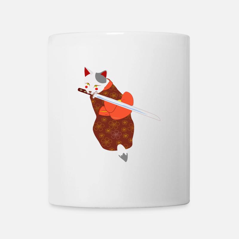 Katze im Kimono beißendes Schwert - Tasse - Weiß