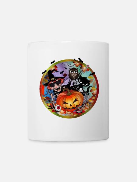 Halloween Pumpkin with Witch, Cat, Bat & Owl - Mug - white