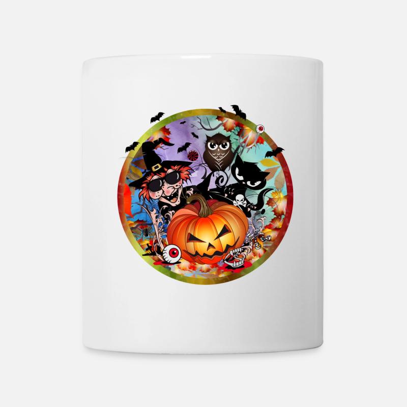 Halloween Pumpkin with Witch, Cat, Bat & Owl - Mug - white
