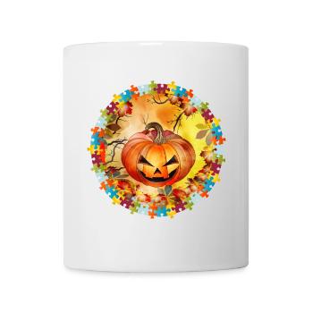 lustiger Halloween Kürbis im herbstlichen Ambiente - Tasse - Weiß - Vorne