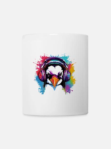 Penguin with headphones, penguins, animals, zoo animals - Mug - white