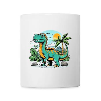 Cartoon Dinosaur with Jungle Sunset - Mug - white - Front