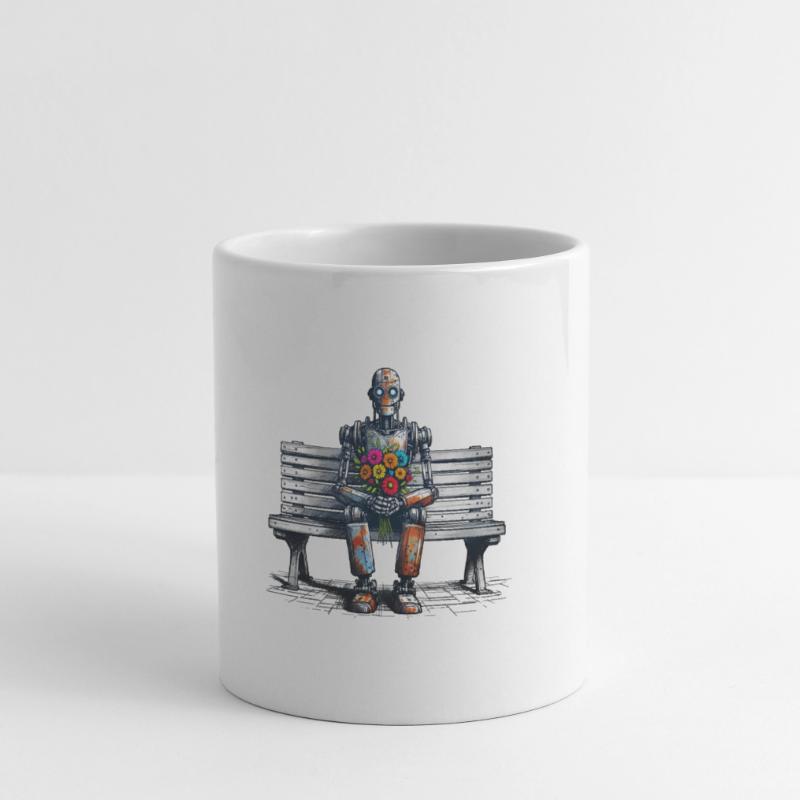 Robot banc fleurs Robot amour Art rouillé Mug blanc
