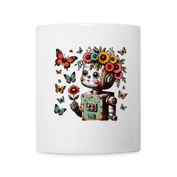 Roboter Kind mit Blumen, niedlich, vintage - Tasse - Weiß - Vorne