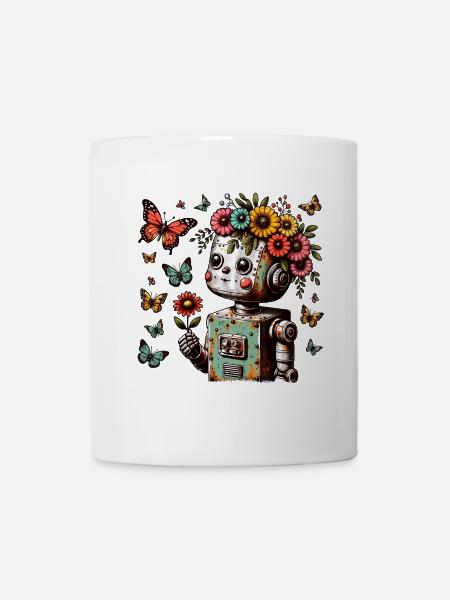 Enfant robot avec des fleurs, mignon, vintage - Mug blanc - blanc