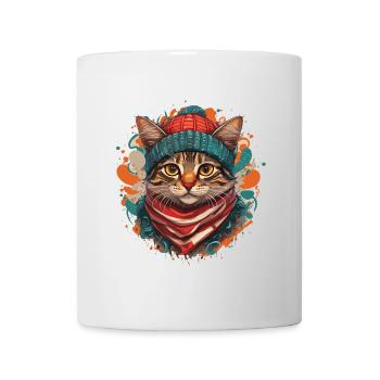 Un chat mignon portant une écharpe épaisse et un chapeau - Mug blanc - blanc - Devant