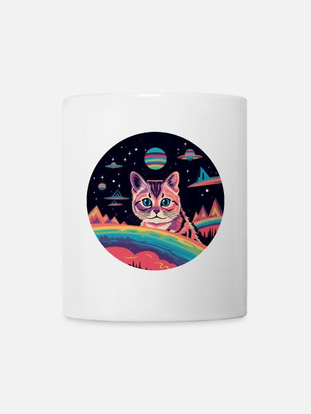 Katze mit Ufos im Weltall - Tasse - Weiß