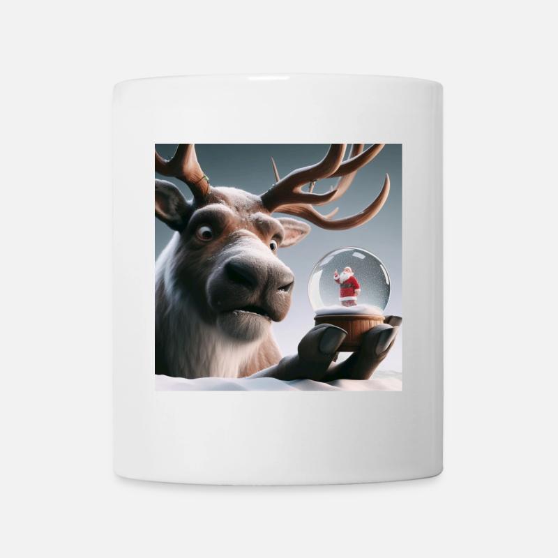 Rentier mit Weihnachtsmann in Schneekugel - Tasse - Weiß