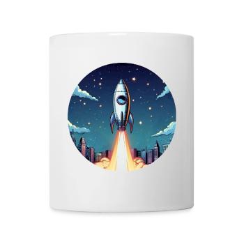 Rakete Start ins All vor Nachthimmel im Comic Stil - Tasse - Weiß - Vorne